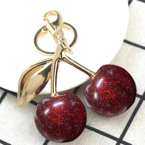 Glitter Red And Gold Cherry Bag Charm Small - Picture 4 of 4
